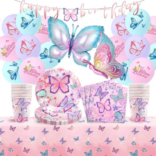 Assiettes Anniversaire Papillon, Décoration d'Anniversaire Papillon, 99 pièces de Papillons Ensemble de Vaisselle de Fête, Papillons Ballon Assiettes en Carton Tasses Filles, 20 Invités