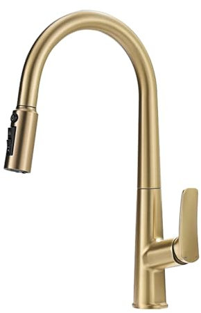 XJTNLB Grifo de Cocina con Ducha Fregadero 3 Vias Osmosis Oro Cepillado Grifo Monomando Cocina Osmosis Caño Grifo Cocina Cuello de Cisne
