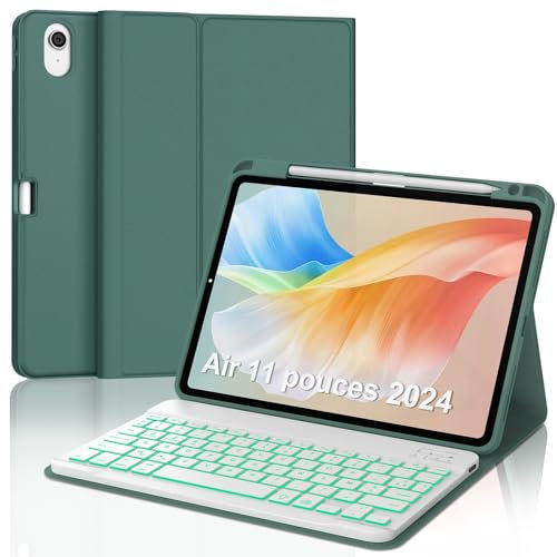 AVNICUD Clavier pour iPad Air 11 2024/2025 (M2/M3)/ Air 5ème/4ème génération 10.9 avec Rétroéclairé, Coque Clavier pour iPad Pro 11 4/3/2/1 Gen, Clavier Français AZERTY Magnétique, Vert foncé