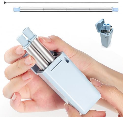 HJIAMA Faltbar Strohhalme Edelstahl, mit Aufbewahrungsbox und Reinigungsstab, Waschbar Trinkflasche Strohhalm Blau, Tragbar Strohhalme, für Reisen