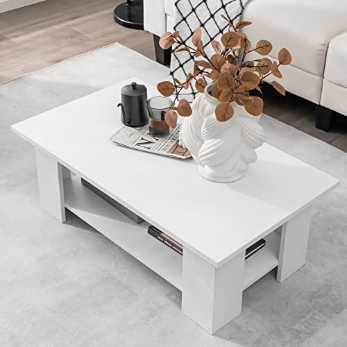 GOPLUS Table Basse Salon 2 Niveaux avec Grand Plateau, Table Basse Rectangulaire Moderne MDF Plateau 95KG, Étagère 30KG,pour Bureau Salon,90X52X32,5CM