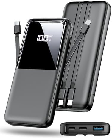 Power Bank Fast Charging 15000mAh, Portable Charger with 2 Built-in Cables & 3 Ports, Powerbank with LED Display, Battery Pack Compatible with iPhone 16 15 14 13 Android and more, Black