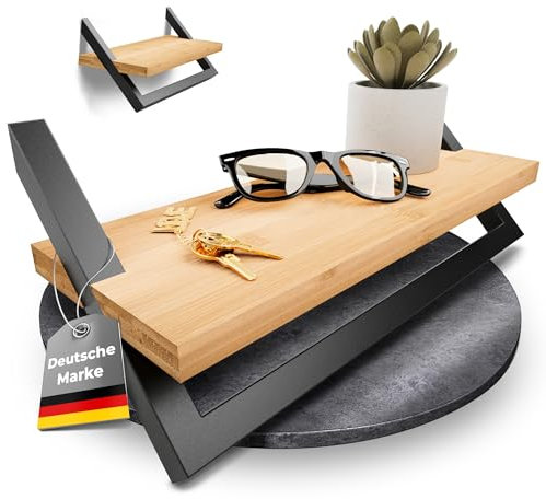 LivingFox® Wandregale Holz Metall [2er Set] Regalbrett Holz Bambus 15 x 40cm | Vielseitige Hängeregale | Bilderregale/Bücherregale Wand/Badezimmer Handtuchhalter mit Ablage | schwarz