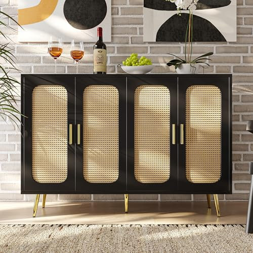 Merax Sideboard Kommode mit 4 Schränken, Buffetschrank mit viel Stauraum, Rattan-Holzschränke, Anti-Kipp-Design, Landhausstil, Beistellschrank für Schlafzimmer, Wohnzimmer, Esszimmer, Schwarz, 120cm