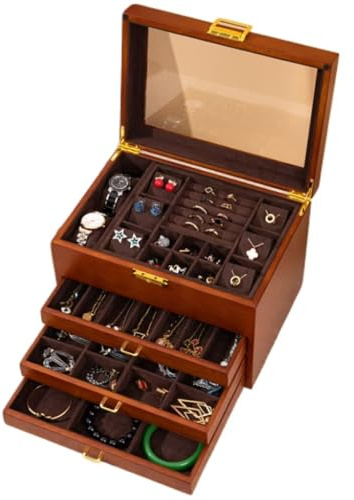 Bescott 5 Layer Solid Wooden Jewelry Box with Lock and Key for Women Men Vintage Velvet Wood Jewelry Organizer Storage for Earrings Rings Necklaces Bracelet Watch Mother’s Day Gift