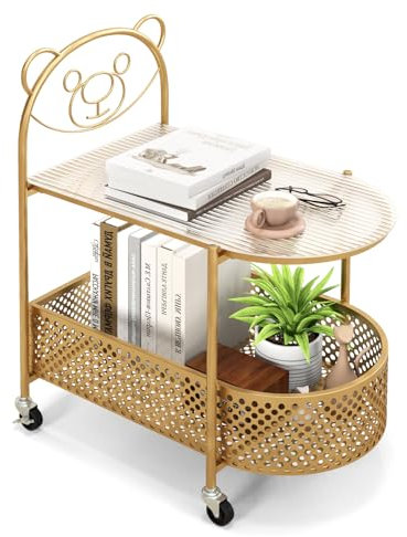 LIFEZEAL Beistelltisch Glas auf Rollen, Niedlicher Sofatisch mit Ablagekorb, Kleiner Blumentisch Snacktisch mit Cartoon-Bären-Motiv für Wohnzimmer, Schlafzimmer (Oval, Gold)