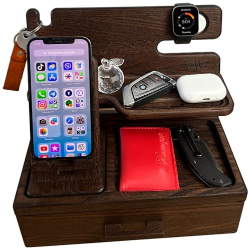 Wood Wedge Handgefertigte Holz Dockingstation – Nachttisch & Schreibtisch Organizer mit Handyhalter & Schublade – Geschenk für Männer & Frauen
