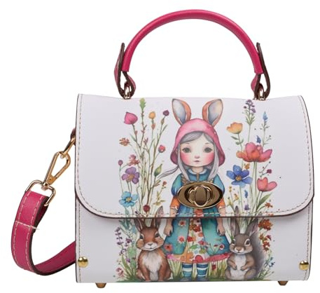 Exklusive Handtasche im Kawaii-Stil, handgefertigt, mit Griff, Schulterriemen für Damen, mittelgroß, Naturholz und veganes Leder, bunt und originell, Boho, Vintage, lässig, girl