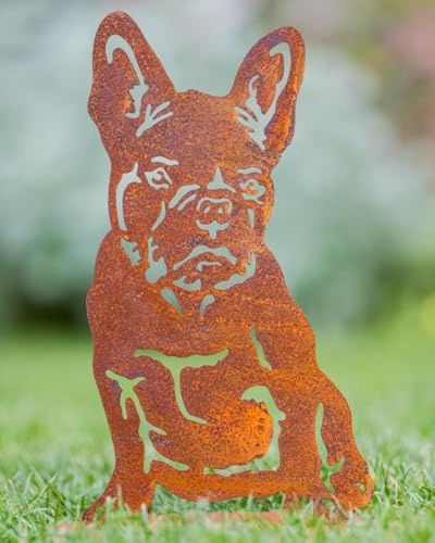 Der-Porzellan-Laden Bullterrier Metallfigur sitzend auf Platte, detailreiche Gartenskulptur in edler Rostoptik, 30x22 cm, witterungsbeständig für Innen & Außen