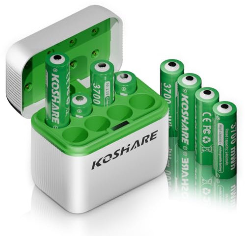 Batterie ricaricabili AA al litio, confezione da 8 con caricabatterie, 1,5 V, 3700 mWh, alta capacità, celle agli ioni di litio doppie A, ricaricabili fino a 1200 volte (bianco+verde, 8AA+8Slot di