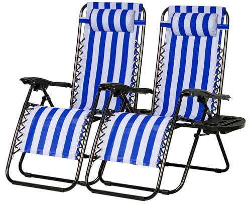 Nazhura Lot de 2 chaises de terrasse inclinables réglables en maille d'acier avec coussin et porte-gobelet (bleu marine rayé)