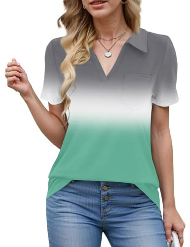 Generisch Poloshirt Für Damen Kurzarm Bluse V-Ausschnitt Mit Druck Oberteil Mit Kragen Schnelltrocknend Funktions Atmungsaktiv Locker Polohemd Für Golf Reiten Tennis Fitness Kostüm Sommer Grün M
