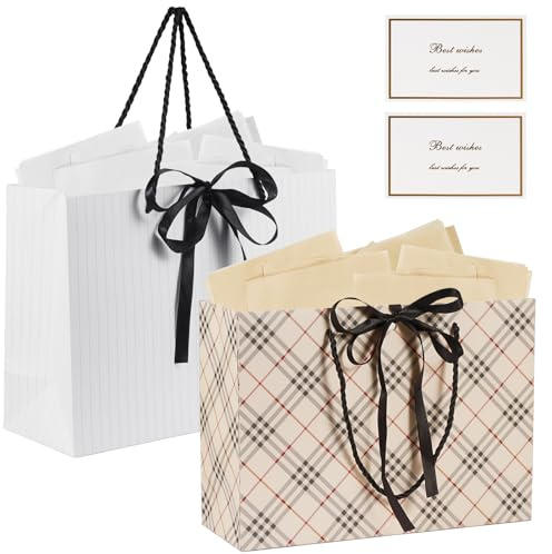 2 Pièces Sacs Cadeau Beige et Blanc Petit Sac avec Poignée & Noeud Papillon | Pochette Cadeau en Papier avec Papier de Soie, Carte et Noeud Papillon Réutilisable pour Mariages Anniversaires Fêtes