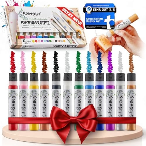 Krevo Art Kerzenmalstifte Set – 12x30ml brillante Farben für kreative Kerzenkunst – Candle Pen & Kerzenfarbe zum Verzieren, Gestalten & Bemalen von Kerzen – Ideal für DIY-Projekte