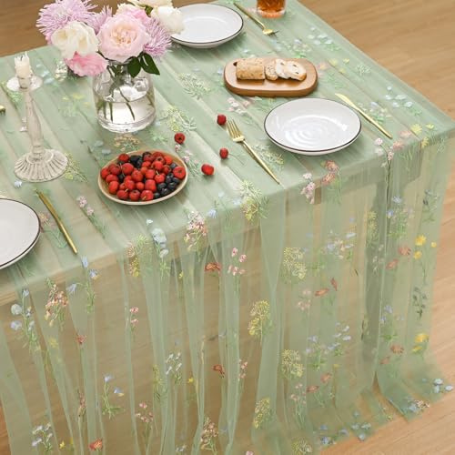Horaldaily Embroidery Flower Plant Green Gauze Tablecloth 60×84 Inch Rectangular, Spring Summer Tulle Table Cover, Garden Party Decorations for DIY, Wedding, Party, Holiday Dining Decor