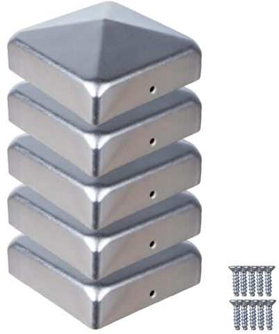 Pfostenkappen 8x8 cm (5 Stück) ATTAS inkl. Schrauben aus Metall für Holzpfosten & Metallpfosten 80x80 mm | Zaunpfosten Schutzkappe | Abdeckkappen Verzinkt Stahl Kappe Pyramidenform Pfostenabdeckung