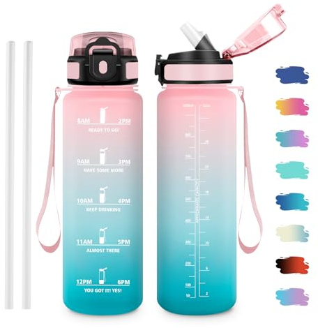 JAPORIA Trinkflasche 1L, BPA-frei, Wasserflasche mit Strohhalm & Zeitmarkierung, Sportflasche für Gym, Camping, Wandern, Fahrrad, Yoga, Sport