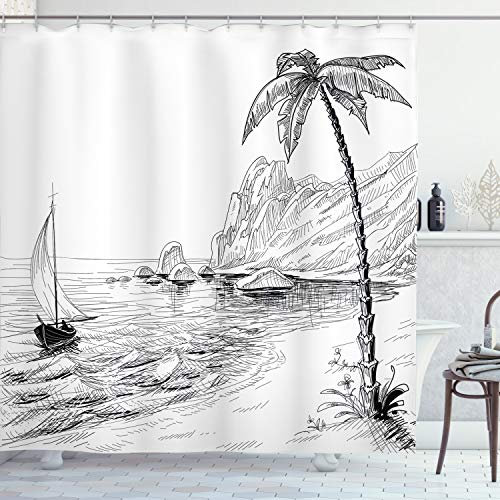 ABAKUHAUS Schwarz und weiß Duschvorhang, exotischer Urlaub, Stoffliches Gewebe Badezimmerdekorationsset mit Haken, 175 x 220 cm, Schwarz Weiß