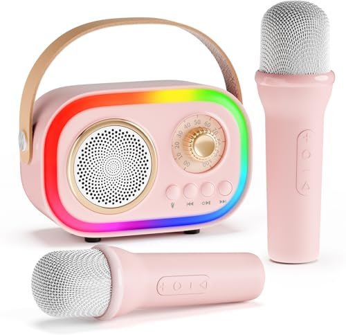 Machine de karaoké avec 2 microphones de karaoké pour enfants et adultes, microphone karaoké pour enfants avec 5 LED et 12 effets vocaux, cadeau d'anniversaire, cadeau de Noël, jouet pour filles de 3