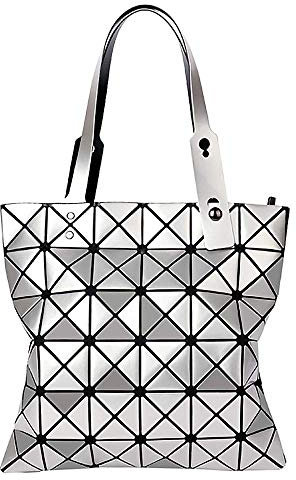 whatUneed Womens Top-Griff Taschen, geometrische leuchtende Schultertasche, faltbare PVC-Leder-Scherbe-Gitter-Einkaufstasche-Einkaufstasche