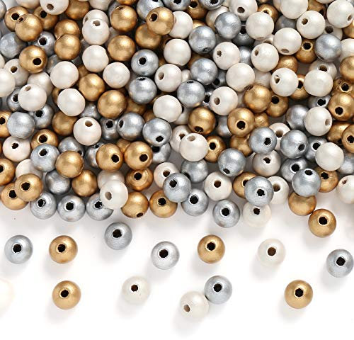 DAHI Perlen 450stk holzperlen perlen mit Loch gold silber weiß bastelnperlen für DIY Schmuck Herstellung 3 farben