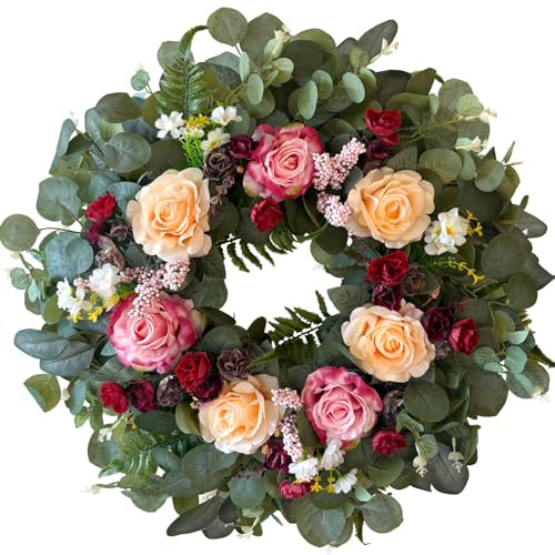 WANNA-CUL 61 cm große Frühlingskränze für Haustür, Muttertagskranz, Geschenke, Dekorationen mit Rosa, Champagner, Burgunderrot und Eukalyptusblättern für Valentinstag, Hochzeit oder Innen- und