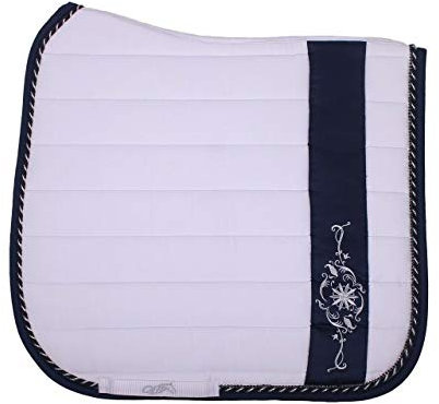 QHP Schabracke Botanic Polyester-Baumwolle Lurex-Zierkordel, Strass, Stickerei (Pony VS, Weiß/Navy)