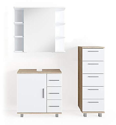Vicco Badmöbel-Set Ilias, Sonoma 60 cm | besteht aus Waschbeckenunterschrank, Spiegelschrank und Midischrank