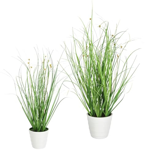 Künstlicher Grasbusch im Topf, mit Blüten, Reisgrasbündel, Kunstpflanze, Dekogras, Kunstgras, künstliche Pflanzen, Ziergras, Gras, Grasbüschel, Deko, Gräser, Osterdeko, Frühjahrsdekoration, 2er Set