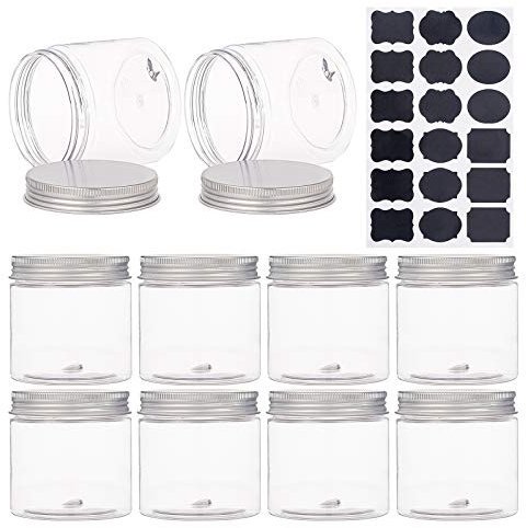 BENECREAT Paquete de 9 recipientes de Almacenamiento de plástico Pet Transparente de 200 ml con Tapas de Rosca de Aluminio, 1 Hoja de Etiqueta Adhesiva para cosméticos, Manualidades, Cuentas