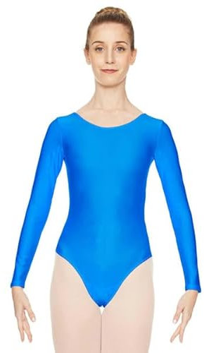 Langärmeliger Gymnastikanzug für Mädchen, glänzend, für Schule, Sport, Tanz, Turnanzug, glitzernd, athletischer Tanz-Body, Kleinkinder, Gymnastikanzug, Ballett, blau, 9 - 10 Jahre