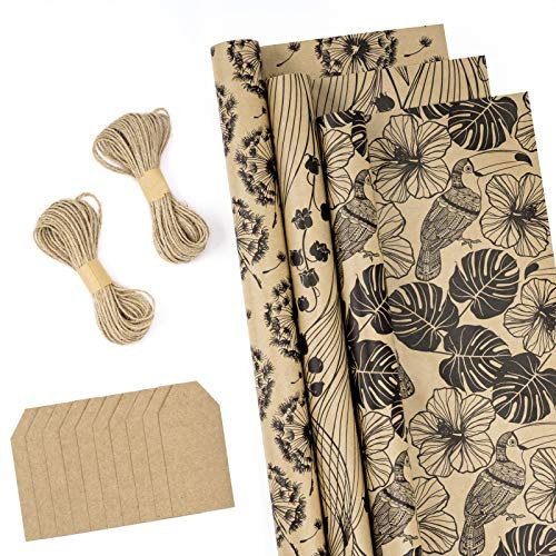 RUSPEPA Einwickeln Von Papierrollen Mit Etiketten, Juteschnur - 43cm X 3m Pro Rolle, Insgesamt 3 Rollen, Blumen Schwarz
