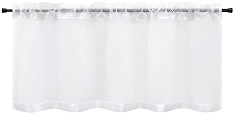 HeichkelL Scheibengardine Voile Bistrogardine mit Satinband Kurzstores Tunnelzug Gardinen Küche Vorhang aufgenähte Satinband als Bordüte Weiß BxH 90x30 cm