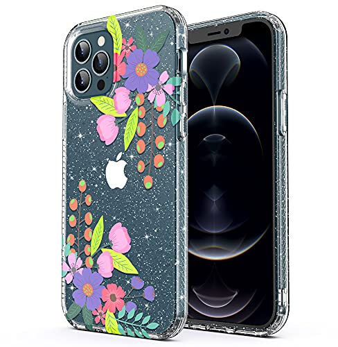 ULAK Clear Case for iPhone 12 Pro Max, Glitter Sparkly Soft TPU Bumper Anti-Scratch & Shockproof Patterned Protective Phone Cover Case for iPhone 12 Pro Max 6.7 Inch, Flower