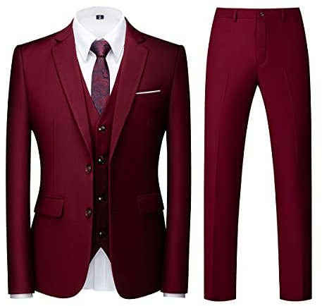KUDORO Abiti da Uomo 3 Pezzi Slim Fit Abito Formale Puro Colore Due Bottoni Abito da Smoking Blazer Gilet Pantaloni(Vino Rosso,S)
