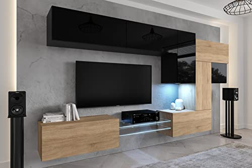 Furnitech Wohnwand Wohnzimmer | Wohnzimmer Möbel mit LED Blau | Hängend Wohnwand Modern | Wohnzimmer Schrankwand mit Regale und TV Schrank (AN92NEW-21BS-HGM23)