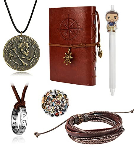 UoYu Uncharted 4-teiliges Schmuckset mit Gravur mit Totenkopf aus Bronze, Halskette aus Leder, Armband aus Leder, Schreibheft mit Stift und Film-Aufklebern, 30 Stück
