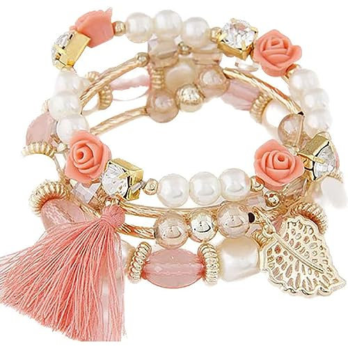 Carufin Cristal Multicouche Perle Bracelets Tempérament Gland Élasticité Bracelet Main Accessoires Bijoux pour Femmes et Filles (Rose)