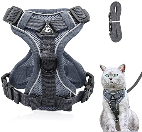 Cat Harness and Lead Set, Adjustable Kitten Harness and Lead Set with Reflective Strips Escape-Proof, Cat Vest Harness with Leash Sets for Cats Dogs Pets Walking (Grey, M)
