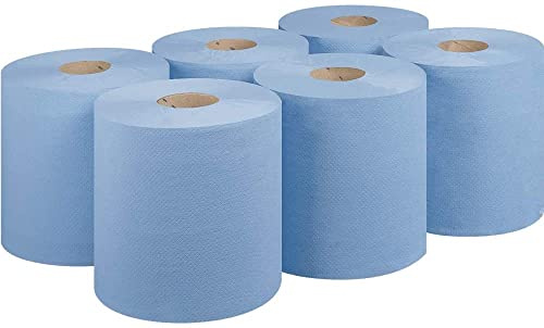 Cleanux Lot de 6 rouleaux de papier de soie à dévidage central, 2 plis, essuie-tout, utilisation commerciale et cuisine, 100 % recyclable (bleu)