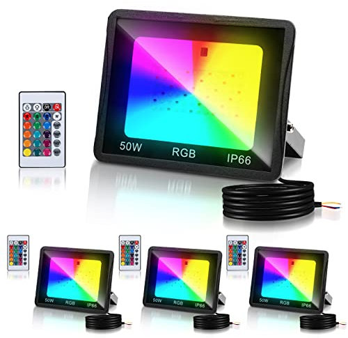 Jopassy RGB Strahler 50W Fluter Mit Fernbedienung LED Strahler Außenstrahler IP66 Wasserdicht,Memory funktion Außen Strahler Flutlicht für Innen,Garten, Hinterhof-4 Stück