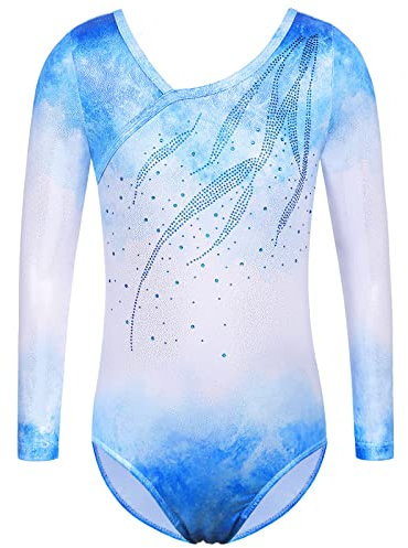 ZNYUNE Kinder Gymnastik Trikot mit Pailletten Mädchen Gymnastikanzug Langarm in Tüll B270 WhiteBlue 12A