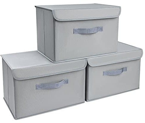 DIMJ 3 Pack Foldable Storage Boxes with Lids, Collapsible Storage Bin with Handle, Fabric Storage Basket Organiser Box for Wardrobe, Closet, Shelf, Office Light Grey