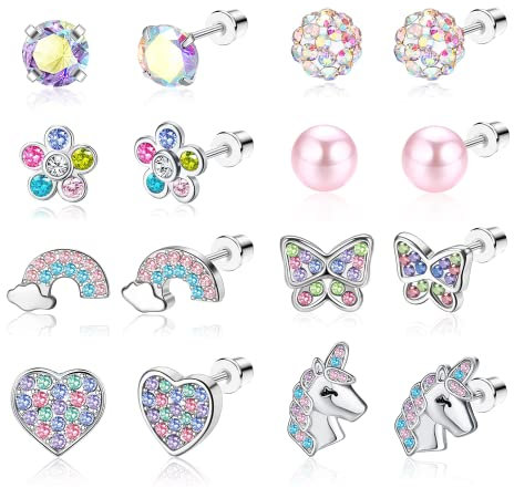 Diamday 8 Paare Ohrringe mit Schraubverschluss Niedlich Ohrstecker für Mädchen Damen Hypoallergen 316L Edelstahl CZ Perle Herz Blume Schildkröte Schmetterling Tragus Knorpel Piercing Ohrstecker Set A