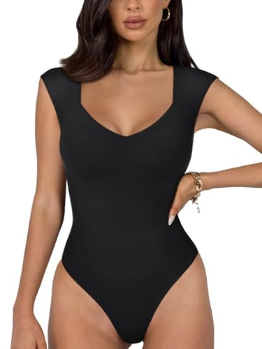REORIA Damen sexy lässiger doppelt gefütterter ärmelloser Schlankheits Body mit V-Ausschnitt Shapewear Formende Bodys