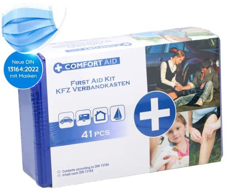 JUNG ComfortAID Verbandskasten Auto 2024, geprüft nach DIN 13164:2022, neue Verbandskasten Norm 2023, Erste Hilfe Set Auto, Verbandkasten 43 teilig, Erste Hilfe Kasten