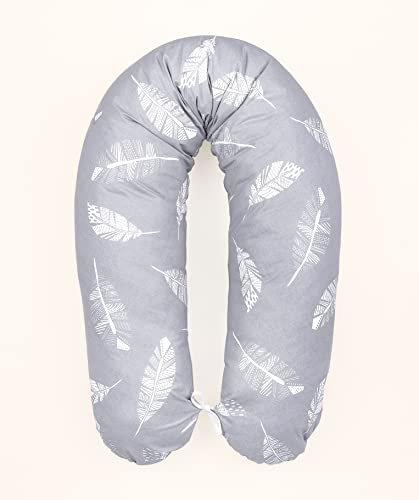 LOOLAY Schwangerschaftskissen - Stillkissen 190 cm - Seitenschläferkissen 100% Baumwolle - mit Abnehmbarem Bezug - Ergonomisches Schwanger Kissen für Schlafen (Feder Grau)