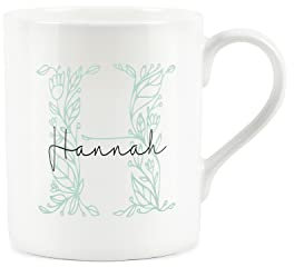 Purely Home Floral Green Letter H Mug - Small Custom Bone China Coffee Tea Mug Present Personalised Initial Gift