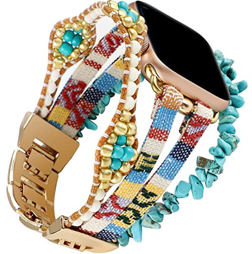 Bohemian Chakra Bead Bracelets Compatible with Apple Watch Band 38/40/41mm, Women Charm Boho Nylon Multilayer Natural Chip Stone Beaded Strap Jewelry Strap for iWatch Series 9 8 7 6 5 4 3 2 SE