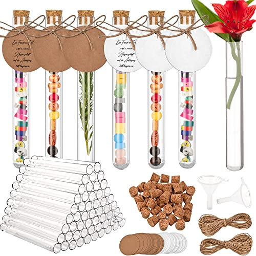Kazaigou 60 Stück Reagenzgläser Reagenzglas mit Korken, 16x150mm Reagenzgläser für Blumen, Reagenzgläser mit Korken, Reagenzglas Kunststoff 20ml mit 60 Kraftpapieranhänger+20m Hanfseil+2 Trichter